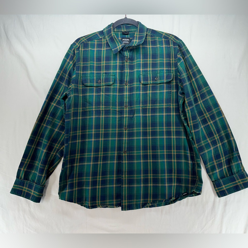 prAna Green Blue Gold Plaid Long Sleeve Button Down Shirt Mens Size Medium
